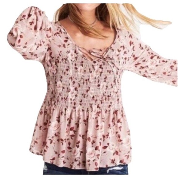 American Eagle Smocked Blouse Floral Peasant Pink Sz M Cottage Coquette Core - Picture 1 of 9